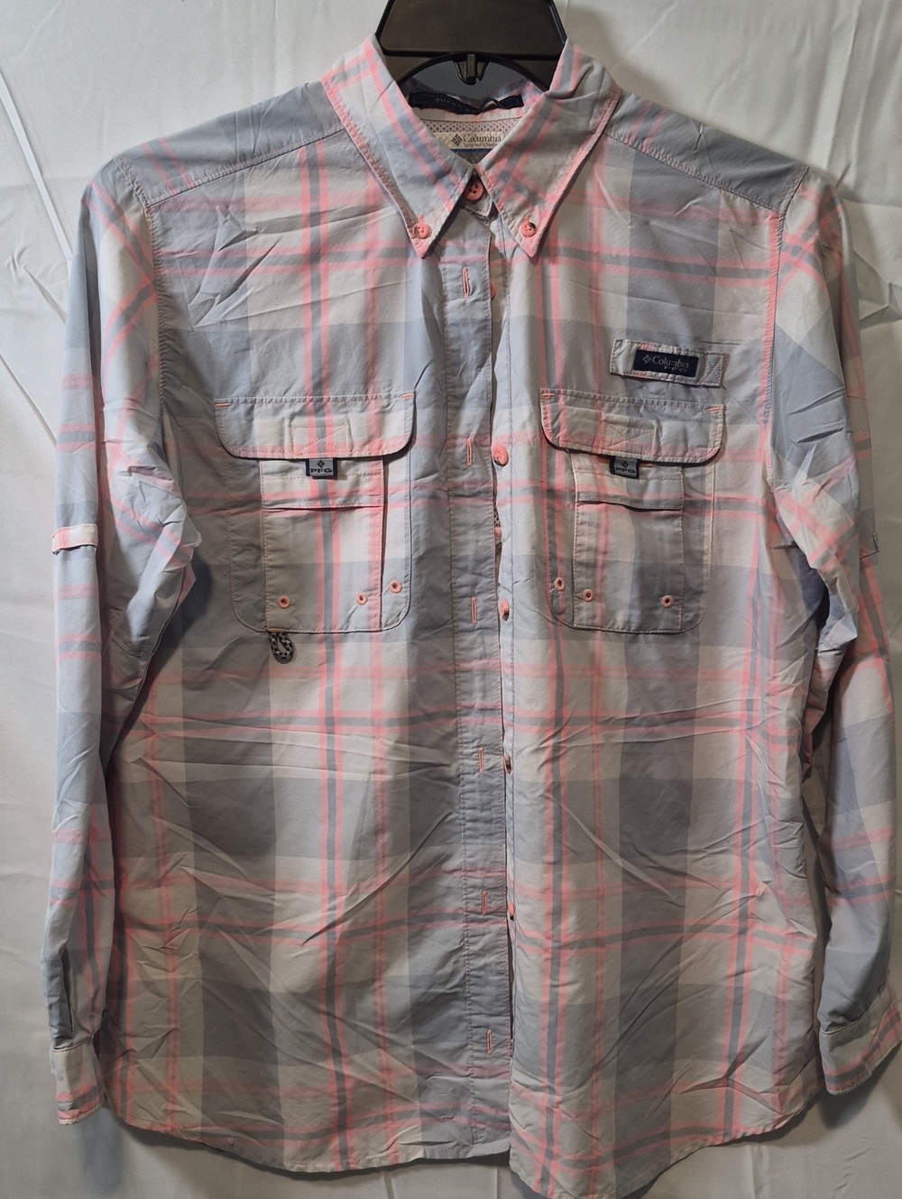 Columbia Light Gray & Pink Plaid Button-Down Fishing Shirt